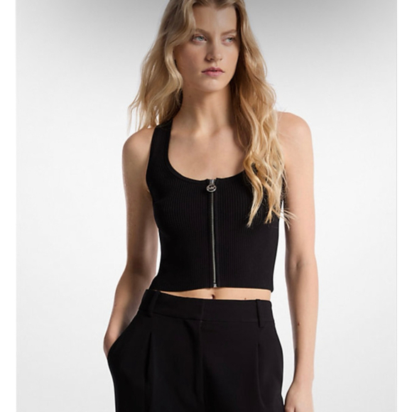 Women's Michael Kors Rib Viscose Zip Tank Top Size L Black - Picture 1 of 4